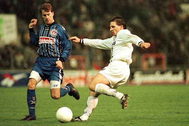 Thomas Kastenmaier (re., Gladbach) und Tore Pedersen (St. Pauli) im Zweikampf Fußball 1. BL Herren Saison 1996 1997, Borussia Mönchengladbach - FC St. Pauli Gruppe Mönchengladbach Kampf, Dynamik, Dynamik,