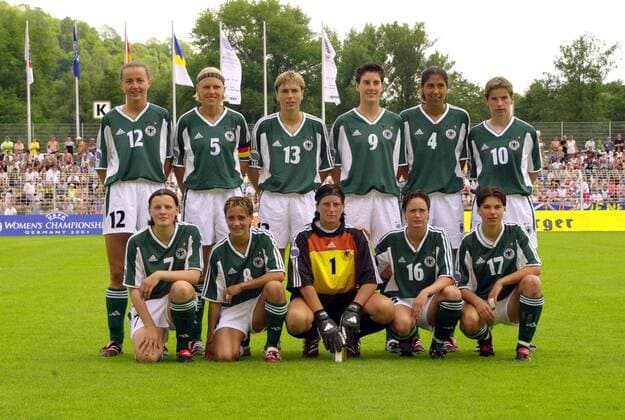 Mannschaftsfoto Deutschland, h.R.v.li.: Claudia Müller, Doris Fitschen, Sandra Minnert, Birgit Prinz, Stefanie Jones, Bettina Wiegmann; v.R.v.li.: Pia Wunderlich, Sandra Smisek, Silke Rottenberg, Renate Lingor, Ariane Hingst Fußball EM Damen Europameisterschaft 2001: Gruppenspiel, Gruppe A, Frauen, Frauenfußball Totale Ernst-Abbe-Sportfeld Jena