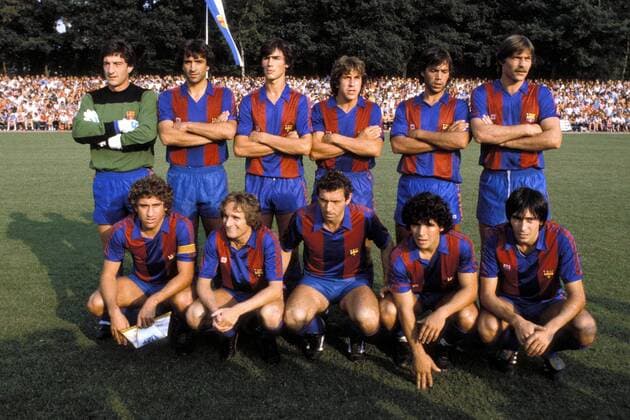 Mannschaftsbild Barca, h.v.li.: Torwart Javier Gonzalez Urrutikoetxea, Jose Ramon Alesanco, Moratalla, Munoz Victor, Gerardo, Bernardo Miguel, vorn: Esteban, Alan Simonsen, Enrique Quini Castro, Diego Armando Maradona, Francisco Jose Carrasco Fußball Herren Primera Division 1982 1983, 1. Spanische Liga, FC Barcelona, Saisonvorbereitung, Test, Testspiel Totale