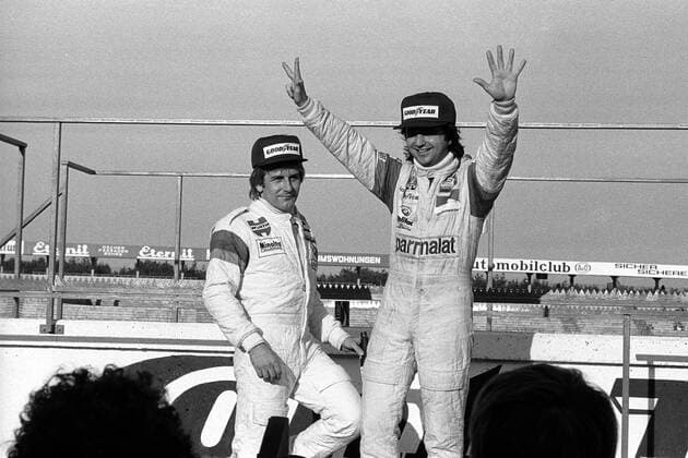 Bruno Giacomelli (re., Italien) und Manfred Winkelhock (Deutschland beide March-BMW) - Siegerehrung Motorsport EM Herren Formel 2 Europameisterschaft 1978, F, F2, GP, Vneg, Vsw Gruppe Hockenheimring Hockenheim Freude,