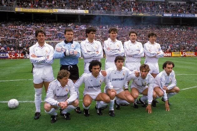 Mannschaftsfoto Real, hinten v.li.: Miguel Porlan Chendo, Torwart Francisco Buyo, Michel, Miguel Belenguer Tendillo Rafael Gordillo, Jose Antonio Camacho; vorn: Emilio Butragueno, Hugo Sanchez, Manuel Sanchis, Martin Vasquez, Ricardo Gallego Fußball Herren Primera Division 1988 1989, 1. Spanische Liga, Real Madrid Totale Madrid