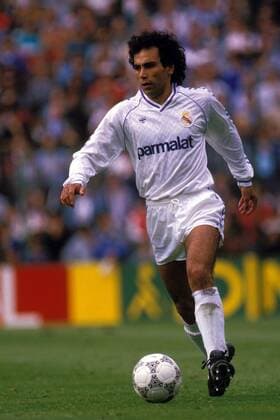 Hugo Sanchez (Real) am Ball Fußball Herren Primera Division 1988 1989, 1. Spanische Liga, Real Madrid Einzelbild Madrid Dynamik,