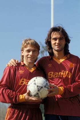 Thomas Häßler (li.) und Giuseppe Giannini (beide Roma) Fußball Herren Serie A 1991 1992, 1. Italienische Liga, AS Rom, Vdia Gruppe Rom