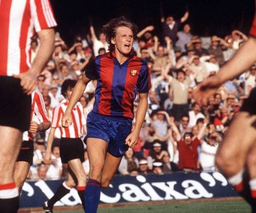 Bernd Schuster (Barca) - Torjubel Fußball Herren Primera Division 1982 1983, 1. Spanische Liga, FC Barcelona, Vdia Einzelbild Barcelona Freude, Begeisterung,