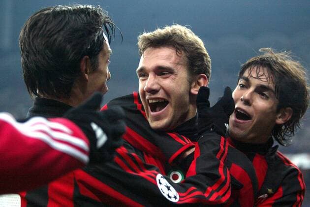 Andrej Schewtschenko (Mitte), Kaka (re.) und Inzaghi (alle Milan) - Torjubel Fußball EC 1 Herren Champions League 2003 2004, Achtelfinale, AC Mailand, Ricardo Izecson Santos Leite, Gruppe Mailand Freude,