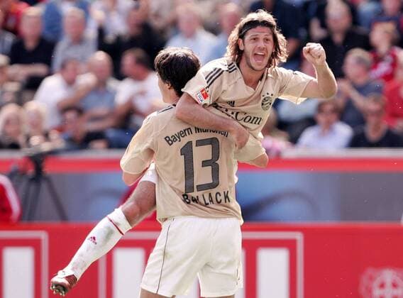 Martin Demichelis (re.) und Michael Ballack (beide Bayern) - Torjubel Fußball 1. BL Herren Saison 2005 2006, Bayer 04 Leverkusen - FC Bayern München Gruppe Leverkusen Freude, Begeisterung,