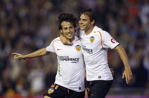 David Silva (li.) und Joaquin (beide Valencia) - Torjubel -  - NOxONLINExUSE Fußball Herren Primera Division 2008 2009, 1. Spanische Liga, Valencia CF Gruppe Valencia Freude,