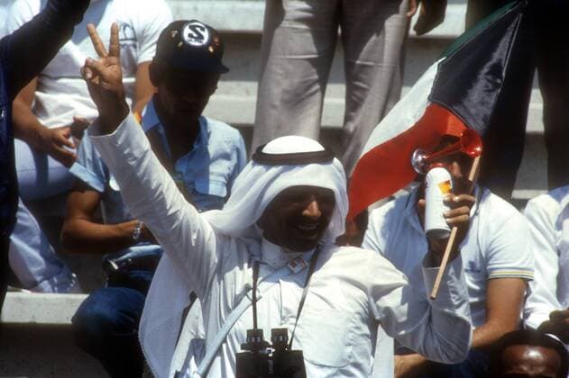 Fans aus Kuwait in Valladolid - WM 1982 Fußball WM Herren WM 1982, Länderspiel, Nationalteam, Einzelbild Valladolid Freude, Begeisterung,