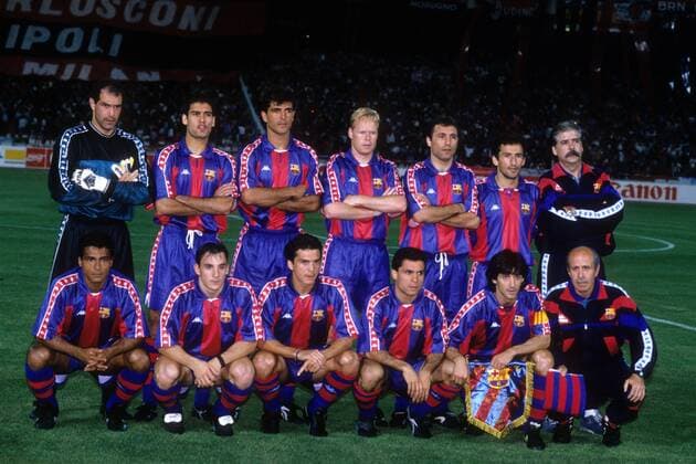 Mannschaftsbild FC Barcelona hi.v.li.: Torwart Andoni Zubizarreta, Josep Guardiola, Miguel Angel Nadal, Ronald Koeman, Hristo Stoichkov, Aitor Beguiristain, ein Betreuer; vorn: Romario, Albert Ferrer, Guillermo Amor, Sergi Barjuan, Jose Maria Bakero, Fußball EC 1 Herren Champions League 1993 1994 Finale Totale Athen