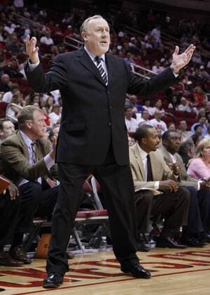 April 03, 2011: Houston Rockets head coach Rick Adelman reacts to a call during the second half of the NBA basketball game between the Atlanta Hawks and the Houston Rockets at the Toyota Center in Houston, TX. Houston defeated Atlanta 114-109. - ZUMAc04