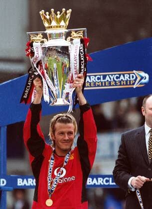 David Beckham (ManU) with the trophy after winning the title with Manchester United at Goodison Park. Barclay card Premiership - 