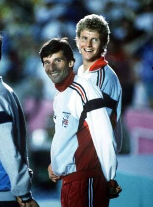 Sebastian Coe (Gold medal) Steve Cram (Silver Medal) 1500m Final presentation. 11 08 1984 Los Angeles Olympics 1984.  o0 Leichtathletik