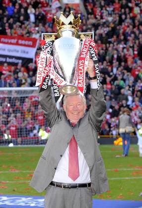 Sir Alex Ferguson manager of Manchester United lifts the 2010 2011 Barclays Premier League trophy Barclays Premier League Manchester United v Blackpool 22nd May, 2011 EDITORIAL USE ONLY. No use with unauthorised audio, video, data, fixture lists, club league logos or live services. Online in-match use limited to 120 images, no video emulation. No use in betting, games or single club league player publications. Objekte ManU