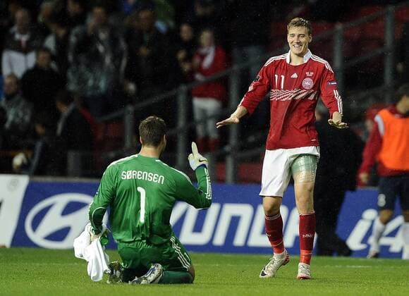 Soccer National Team EURO Qualification match, Denmark - Norway: Keeper Thomas Sörensen, Danmark., Nicklas Bendtner, Danmark. 