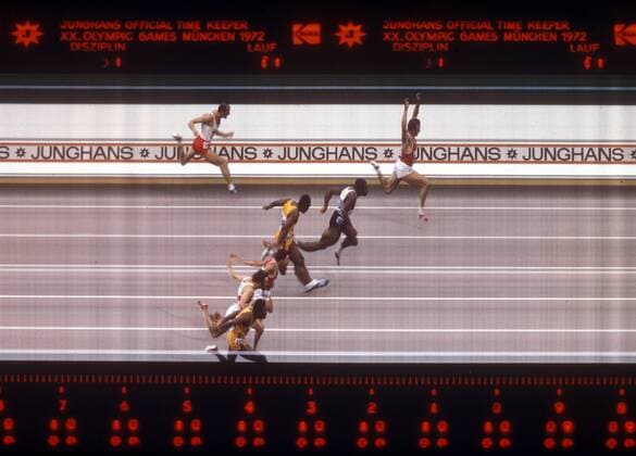 Zielfoto 100m Finale Olympische Spiele 1972 in München: Valeriy Borzov (UdSSR) gewinnt vor Robert Taylor (USA) und Lennox Miller (Jamaika)