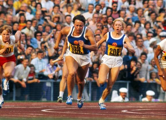 Munich Olympics 1972 10 09 1972 Womens 4 x 100m relay final Renate Stecher - East Germany takes the baton from Bärbel Struppert on the final leg. 