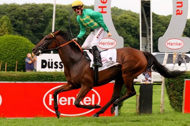 05.08.2012, Duesseldorf, Nordrhein-Westfalen, GER - Salomina mit Filip Minarik gewinnt den Preis der Diana. Galopprennbahn Duesseldorf-Grafenberg. (Pferd, Jockey, Salomina, Minarik, Sieg, Ziel, Zielankunft, Düsseldorf) 950S050812DUESSELDORF