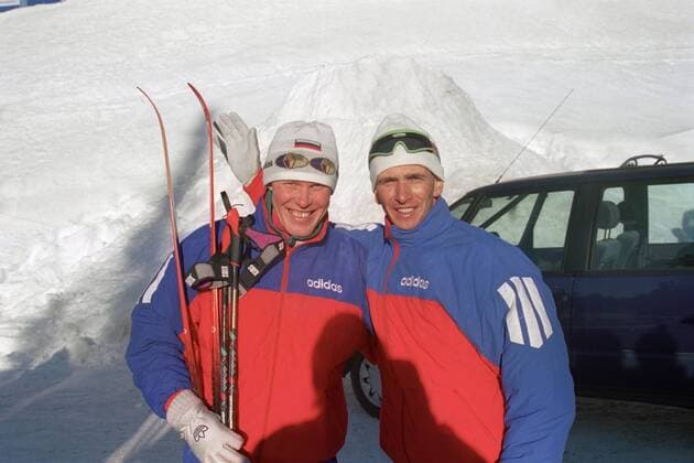 Norway. Lillehammer. 17th Winter Olympics. Olympic champions in biathlon Sergei Chepikov (L) and Sergei Tarasov.  TASS_1250385