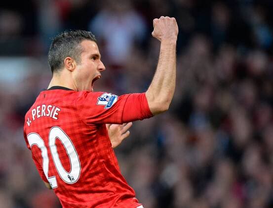 Robin van Persie of Manchester United celebrates scoring the first goal - Barclays Premier League - Manchester Utd vs Aston Villa - Old Trafford Stadium - Manchester - 22 04 13 - Picture Simon Bellis Sportimage EDITORIAL USE ONLY. No use with unauthorised audio, video, data, fixture lists, club league logos or live services. Online in-match use limited to 120 images, no video emulation. No use in betting, games or single club league player publications.