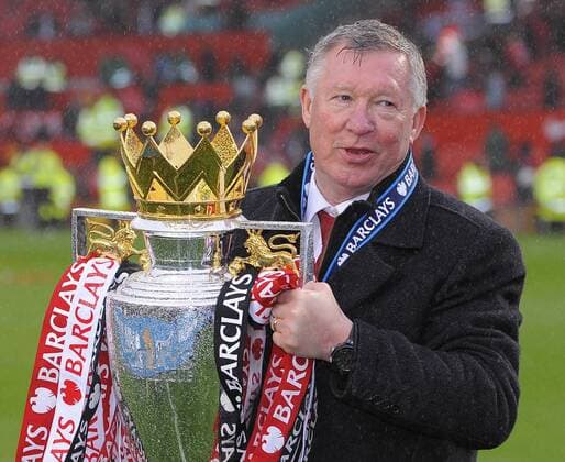 Sir Alex Ferguson manager of Manchester United with the Premier League trophy - Barclays Premier League - Manchester United ManU - Old Trafford Stadium - Manchester - England - 12 05 13 - EDITORIAL USE ONLY. No use with unauthorised audio, video, data, fixture lists, club league logos or live services. Online in-match use limited to 120 images, no video emulation. No use in betting, games or single club league player publications.