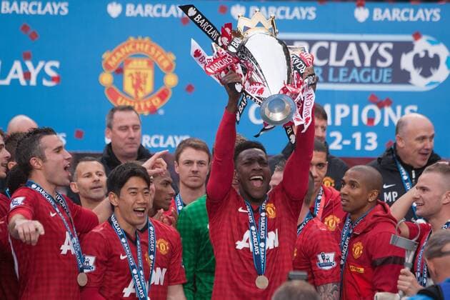 Football - Premier League 2012 2013 - Manchester United ae Danny Welbeck of Manchester United holds aloft the trophy at Old Trafford 
