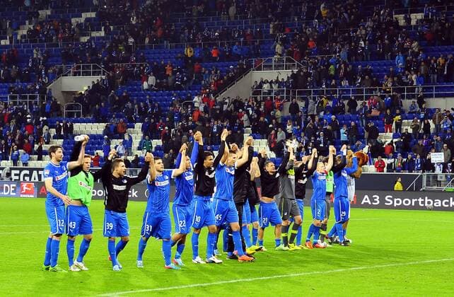 Deutschland - Fussball-Bundesliga - Relegation - 23.052013 Rhein-Neckar-Arena Sinsheim TSG 1899 Hoffenheim (1899) - 1. FC Kaiserslautern (FCK) 3:1 Der erste Schritt ist getan: die Hoffenheimer jubeln vor ihren Fans. Sport