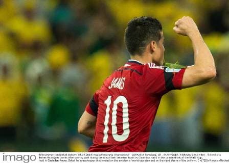 COPA2014 Fortaleza, CE - 04 07 2014: X BRAZIL COLOMBIA - Colombia s James Rodriguez crates after scoring goal during the match beh between Brazil vs Colombia, valid in the quarterfinals of the World Cup, held in Castellan Arena. Detail for grasshopper that landed on the emblem of world cup stamped on the right sleeve of the uniform. ( x(725)xMarceloxMachadoxdexMelox x  (25388)