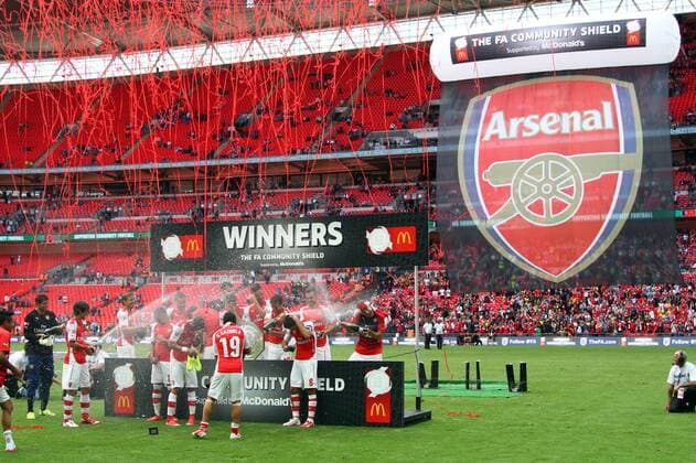 FA Community Shield - Arsenal v Manchester City . . Wembley, Middlesex, UK . . 10.08.2014 Arsenal celebrate with the FA Community Shield.