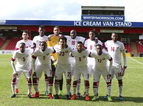 Qatar team group Mannschaftsbild Totale back row from left: Ahmed Yasser, Mohammed Muntari, Amine Lecomte, Dame Traore, Mohammed Kasola, Abdelaziz Hatem Front row from left: Majdi Siddiq, Mohamed Musa, Ahmed Elsayed, Hamid Ismail, Ismail Mohamed. International Friendly Länderspiel - Qatar v Northern Ireland - Gresty Road Stadium - Crewe - England - 31st May 2015 - Picture Simon Bellis Sportimage EDITORIAL USE ONLY. No use with unauthorised audio, video, data, fixture lists, club league logos or live services. Online in-match use limited to 120 images, no video emulation. No use in betting, games or single club league player publications.