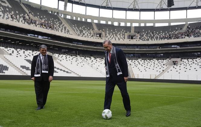 Turkish President Recep Tayyip Erdogan and 11. President of Turkey Abdullah Gul plays soccer during the inauguration Vodafone Arena Inonu Stadium, the brand new Istanbul waterfront stadium of the Besiktas. Copyright: FerhatxMakasci 15349498