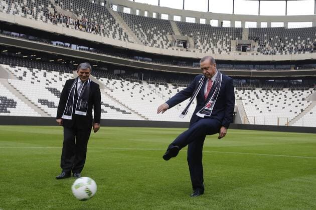 Turkish President Recep Tayyip Erdogan and 11. President of Turkey Abdullah Gul plays soccer during the inauguration Vodafone Arena Inonu Stadium, the brand new Istanbul waterfront stadium of the Besiktas. Copyright: FerhatxMakasci 15349499