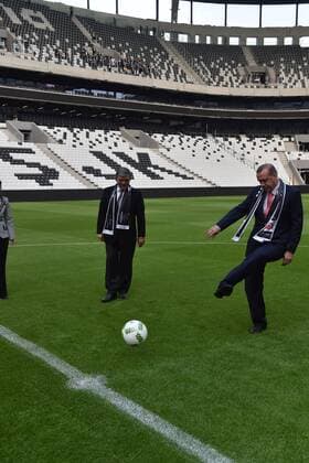 Turkish President Recep Tayyip Erdogan and 11. President of Turkey Abdullah Gul plays soccer during the inauguration Vodafone Arena Inonu Stadium, the brand new Istanbul waterfront stadium of the Besiktas. 15349732