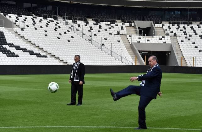 Turkish President Recep Tayyip Erdogan and 11. President of Turkey Abdullah Gul plays soccer during the inauguration Vodafone Arena Inonu Stadium, the brand new Istanbul waterfront stadium of the Besiktas. 15349734