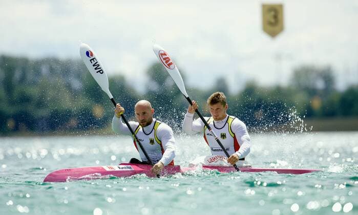 Kanurennsport München 16.06.2016 Olympiapark Kanu Leistungszentrum Kanurennsport Nationalteam 2016 2er Kajak Herren K 2 von vorne Ronald RAUHE KC Potsdam Tom LIEBSCHER KC Dresden