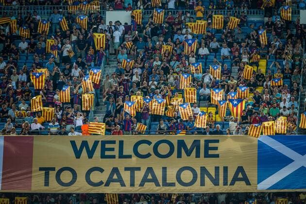 September 13, 2016 - Barcelona, Catalonia, Spain - Pro-independence fans of the FC Barcelona Barca exhibit Estelada flags and a Welcome to Catalonia banner prior to the Champions League match between FC Barcelona and Celtic FC at the Camp Nou Stadium in Barcelona FC Barcelona v Celtic FC - Champions League - ZUMAo105