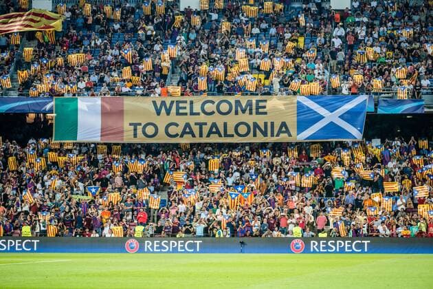 September 13, 2016 - Barcelona, Catalonia, Spain - Pro-independence fans of the FC Barcelona Barca exhibit Estelada flags and a Welcome to Catalonia banner prior to the Champions League match between FC Barcelona and Celtic FC at the Camp Nou Stadium in Barcelona FC Barcelona v Celtic FC - Champions League - ZUMAo105