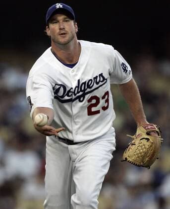 Los Angeles Dodgers starting pitcher Derek Lowe tosses the ball to Dodgers first baseman James Loney on a ground ball by Philadelphia Phillies Pat Burrell. (Hans Gutknecht Daily News Dodegrs vs Phillies - ZUMA