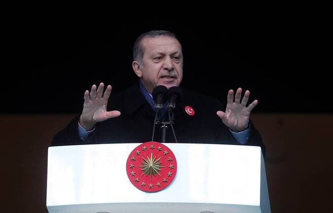 Turkish President Recep Tayyip Erdogan speaks before a friendly football match held for the martyrs killed on the recent terror attacks in Turkey, at Vodafone Arena in Istanbul, Turkey on December 22, 2016. Foreign and Turkish footballers from Turkish Spor Toto Super League s 18 team, compete at the friendly match and the income of the match will be donated to relatives of the martyrs.  Copyright: TolgaxAdanali 15587361