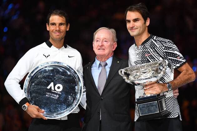 Roger Federer gewinnt die Australian Open Roger Federer (Sui) defeats Rafael Nadal (Esp) with Rod Laver TENNIS : AUSTRALIAN OPEN 2017 antoinecouvercelle panoramic 