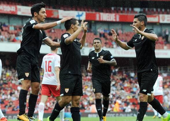 Football - 2017 Emirates Cup pre-season friendly competition - RB Leipzig vs. Sevilla Wissam Ben Yedder of Sevilla celebrates scoring his first half goal, at The Emirates. COLORSPORT ANDREW COWIE