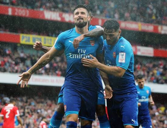 Football - 2017 Emirates Cup pre-season friendly competition - Arsenal vs. Benfica Olivier Giroud of Arsenal celebrates his second half goal with Sead Kolasinac at The Emirates. COLORSPORT ANDREW COWIE