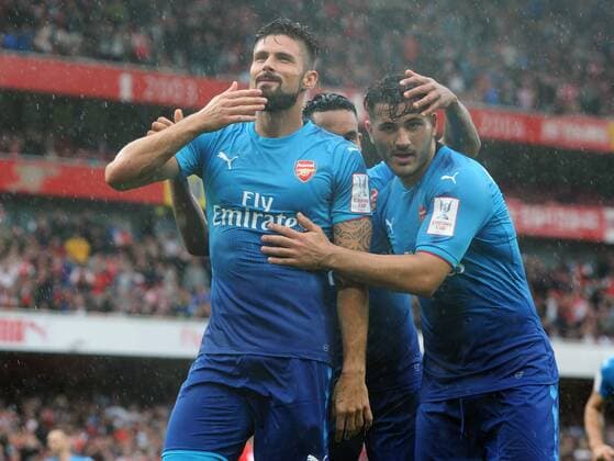 Football - 2017 Emirates Cup pre-season friendly competition - Arsenal vs. Benfica Olivier Giroud of Arsenal celebrates his second half goal with Sead Kolasinac at The Emirates. COLORSPORT ANDREW COWIE