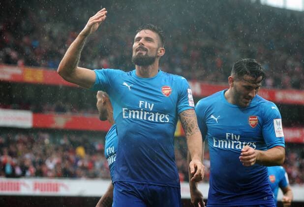 Football - 2017 Emirates Cup pre-season friendly competition - Arsenal vs. Benfica Olivier Giroud of Arsenal celebrates his second half goal with Sead Kolasinac at The Emirates. COLORSPORT ANDREW COWIE