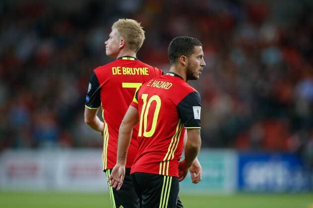 Belgium s Kevin De Bruyne and Belgium s Eden Hazard pictured during a soccer between Belgian national soccer team Red Devils and Gibraltar, a World Cup 2018 qualification game in Group H, Thursday 31 August 2017 in Liege, Belgium. BRUNOxFAHY  x05156382x
