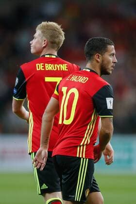 Belgium s Kevin De Bruyne and Belgium s Eden Hazard pictured during a soccer between Belgian national soccer team Red Devils and Gibraltar, a World Cup 2018 qualification game in Group H, Thursday 31 August 2017 in Liege, Belgium. BRUNOxFAHY  x05156383x