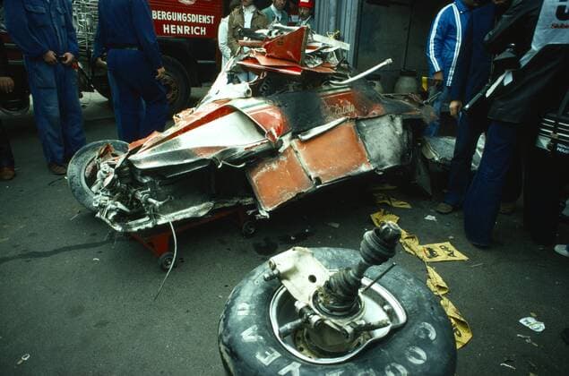 Niki Lauda is in the 2 Round the GP Germany on the Nürburgring heavy accident this are The Remains the Cars The Remains were back to The boxing brought