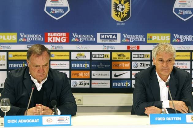 ARNHEM Vitesse PSV Football KNVB cup season 2012 2013 09 02 2012 stadium Gelredome PSV Eindhoven trainer Dick Lawyer l with Vitesse trainer Fred Rutten r vitesse psv