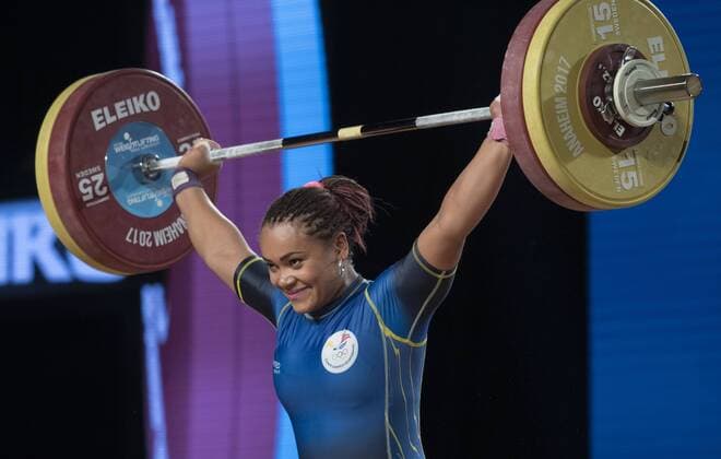 December 2, 2017 - Los Angeles, California, U.S - Ecuador s Neisi Patricia Dajomes Barrera enjoys a successful snatch lift competing in the Women s 75kg Group A competition at the 2017 International Weightlifting Federation World Weightlifting Championships at the Anaheim Convention Center in Anaheim on Thursday, Dec.3, 2017. 2017 International Weightlifting - ZUMAg199 20171202_zap_g199_151 Copyright: xMichaelxGouldingx