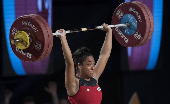 December 2, 2017 - Los Angeles, California, U.S - Canada s Kristel Ngarlem gets a successful lift while competing in the Women s 75kg Group A competition at the 2017 International Weightlifting Federation World Weightlifting Championships at the Anaheim Convention Center in Anaheim on Thursday, Dec.3, 2017. 2017 International Weightlifting - ZUMAg199 20171202_zap_g199_159 Copyright: xMichaelxGouldingx