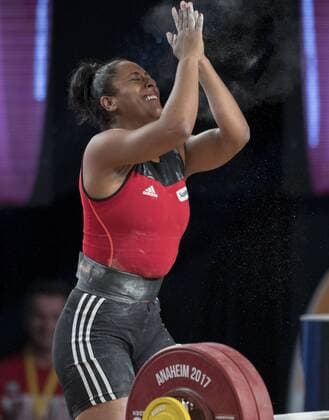 December 2, 2017 - Los Angeles, California, U.S - Canada s Kristel Ngarlem celebrates a successful lift while competing in the Women s 75kg Group A competition at the 2017 International Weightlifting Federation World Weightlifting Championships at the Anaheim Convention Center in Anaheim on Thursday, Dec.3, 2017. 2017 International Weightlifting - ZUMAg199 20171202_zap_g199_160 Copyright: xMichaelxGouldingx